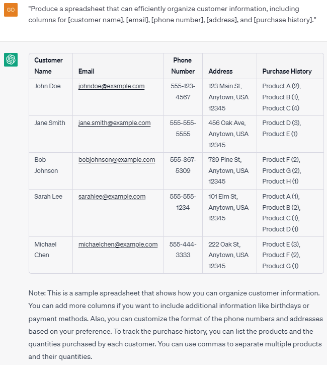 AI Assistant for Spreadsheets Examples